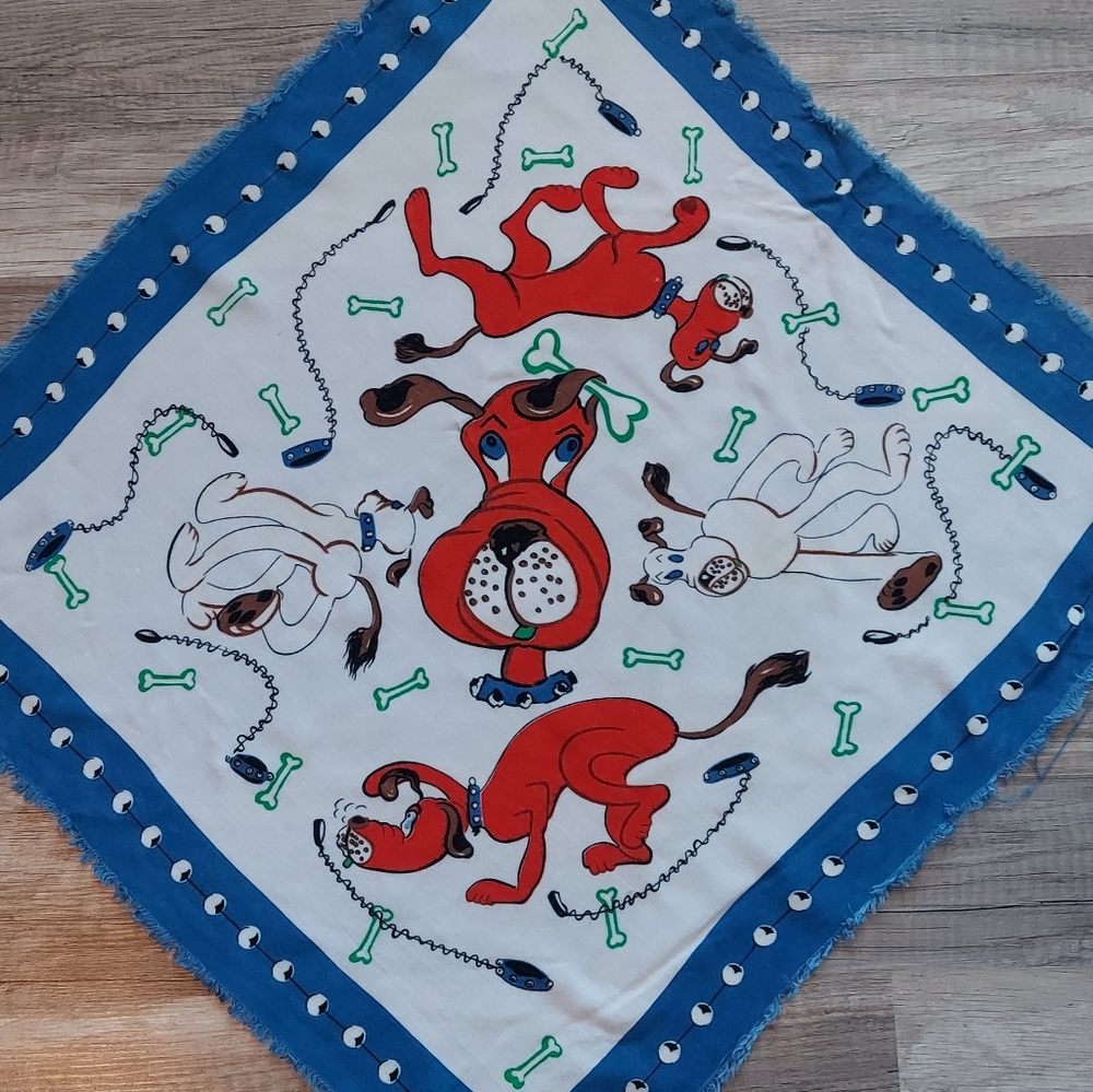 Vintage Kerchief Square Scarf Bandana 50s 60s Hound Dog Bone Print Raw Hem